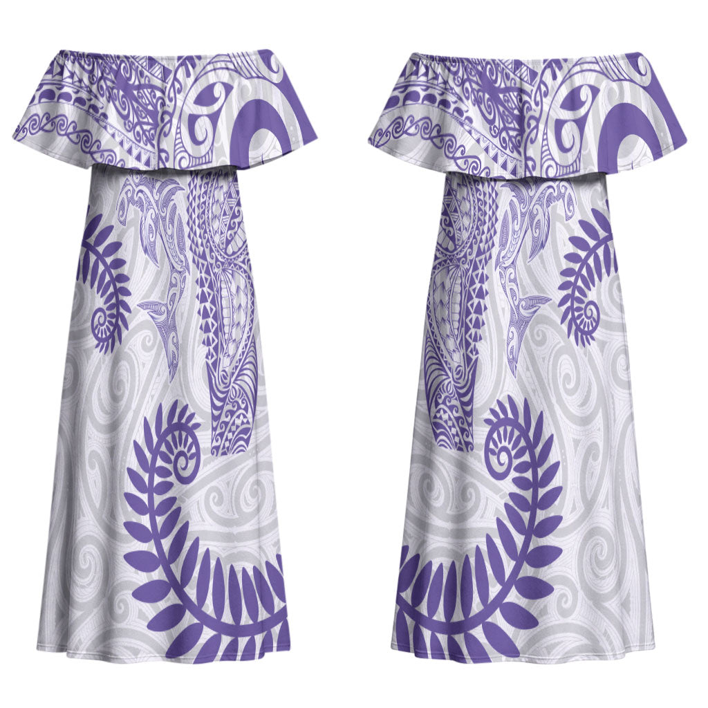 Aotearoa Maori Sea Animals Tribal Couples Matching Off Shoulder Maxi Dress and Hawaiian Shirt Manta Ray and Shark Moko Pattern Purple Color LT03 - Polynesian Pride