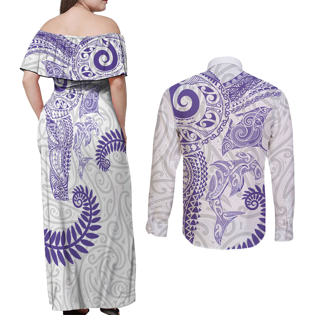 Aotearoa Maori Sea Animals Tribal Couples Matching Off Shoulder Maxi Dress and Long Sleeve Button Shirt Manta Ray and Shark Moko Pattern Purple Color LT03 - Polynesian Pride