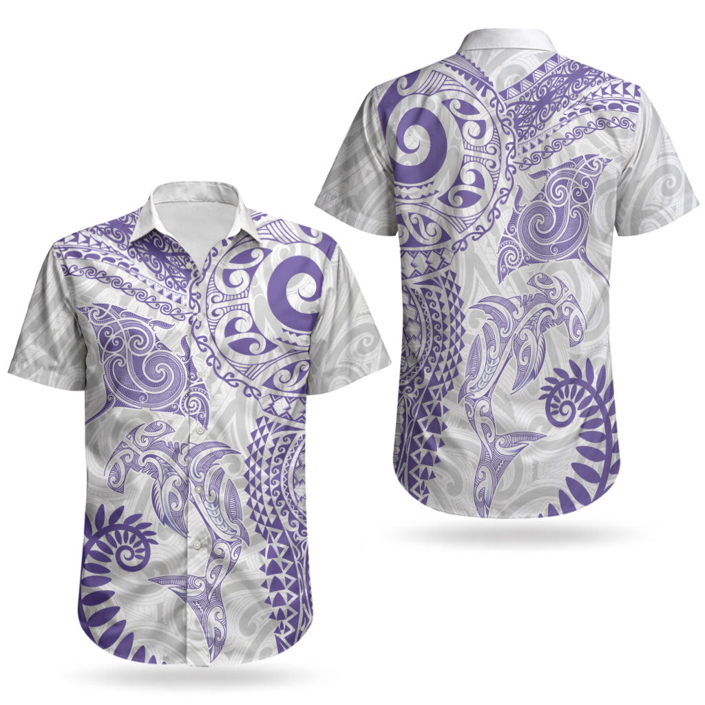 Aotearoa Maori Sea Animals Tribal Couples Matching Off Shoulder Short Dress and Hawaiian Shirt Manta Ray and Shark Moko Pattern Purple Color LT03 - Polynesian Pride