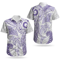 Aotearoa Maori Sea Animals Tribal Couples Matching Off Shoulder Short Dress and Hawaiian Shirt Manta Ray and Shark Moko Pattern Purple Color LT03 - Polynesian Pride