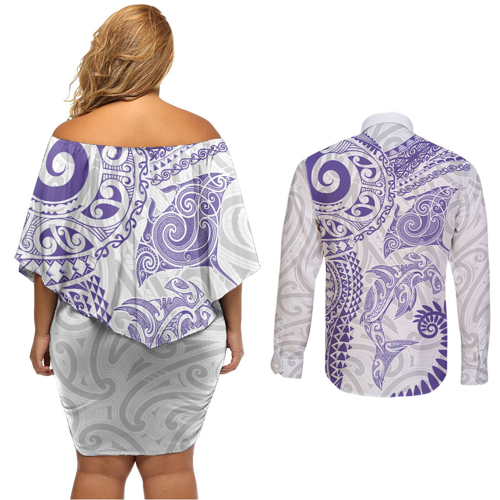 Aotearoa Maori Sea Animals Tribal Couples Matching Off Shoulder Short Dress and Long Sleeve Button Shirt Manta Ray and Shark Moko Pattern Purple Color LT03 - Polynesian Pride