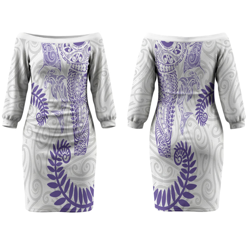 Aotearoa Maori Sea Animals Tribal Couples Matching Off The Shoulder Long Sleeve Dress and Long Sleeve Button Shirt Manta Ray and Shark Moko Pattern Purple Color LT03 - Polynesian Pride