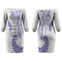 Aotearoa Maori Sea Animals Tribal Couples Matching Off The Shoulder Long Sleeve Dress and Long Sleeve Button Shirt Manta Ray and Shark Moko Pattern Purple Color LT03 - Polynesian Pride