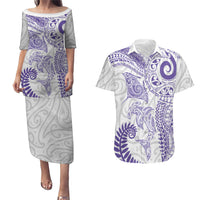 Aotearoa Maori Sea Animals Tribal Couples Matching Puletasi and Hawaiian Shirt Manta Ray and Shark Moko Pattern Purple Color LT03 Purple - Polynesian Pride