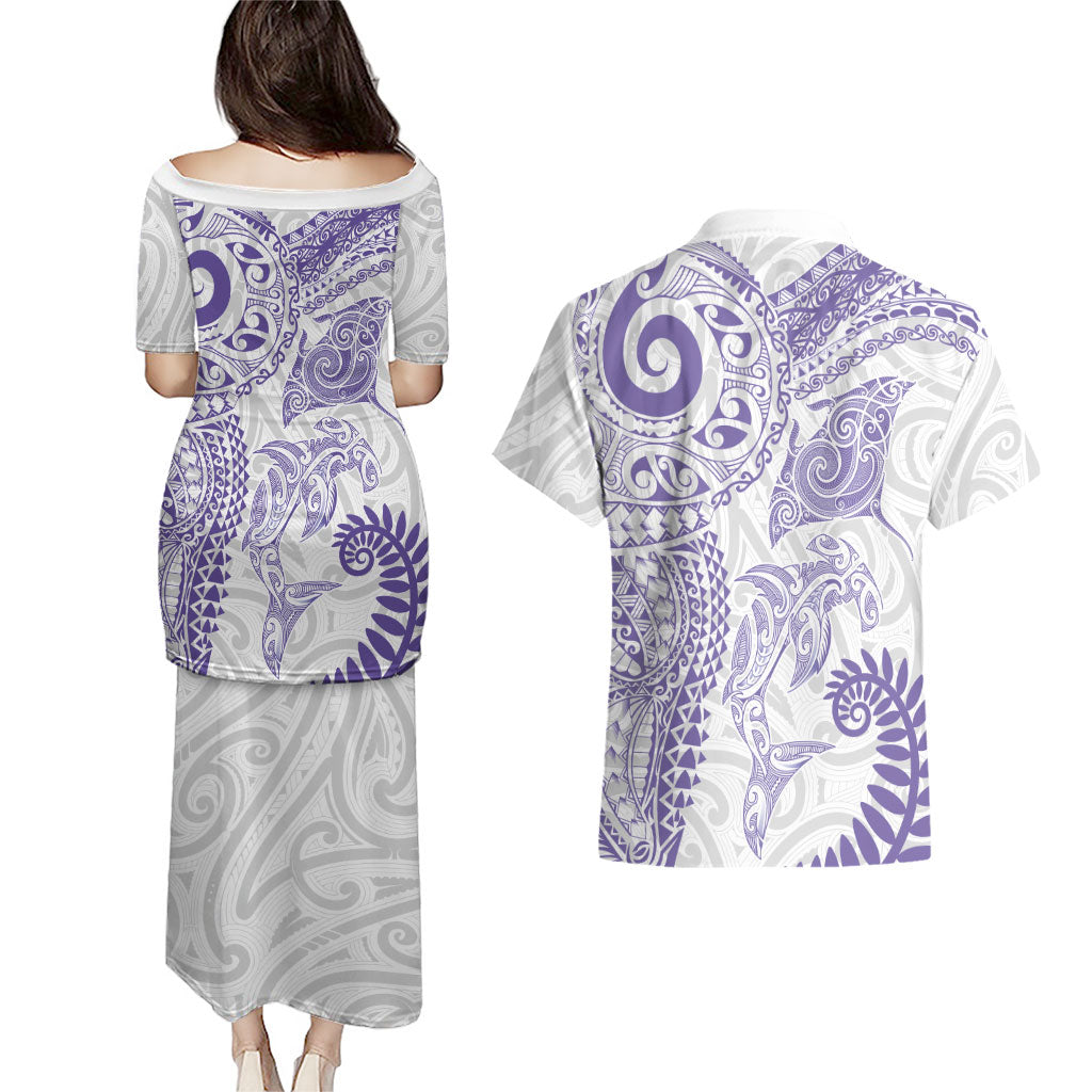 Aotearoa Maori Sea Animals Tribal Couples Matching Puletasi and Hawaiian Shirt Manta Ray and Shark Moko Pattern Purple Color LT03 - Polynesian Pride