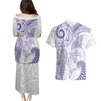Aotearoa Maori Sea Animals Tribal Couples Matching Puletasi and Hawaiian Shirt Manta Ray and Shark Moko Pattern Purple Color LT03 - Polynesian Pride