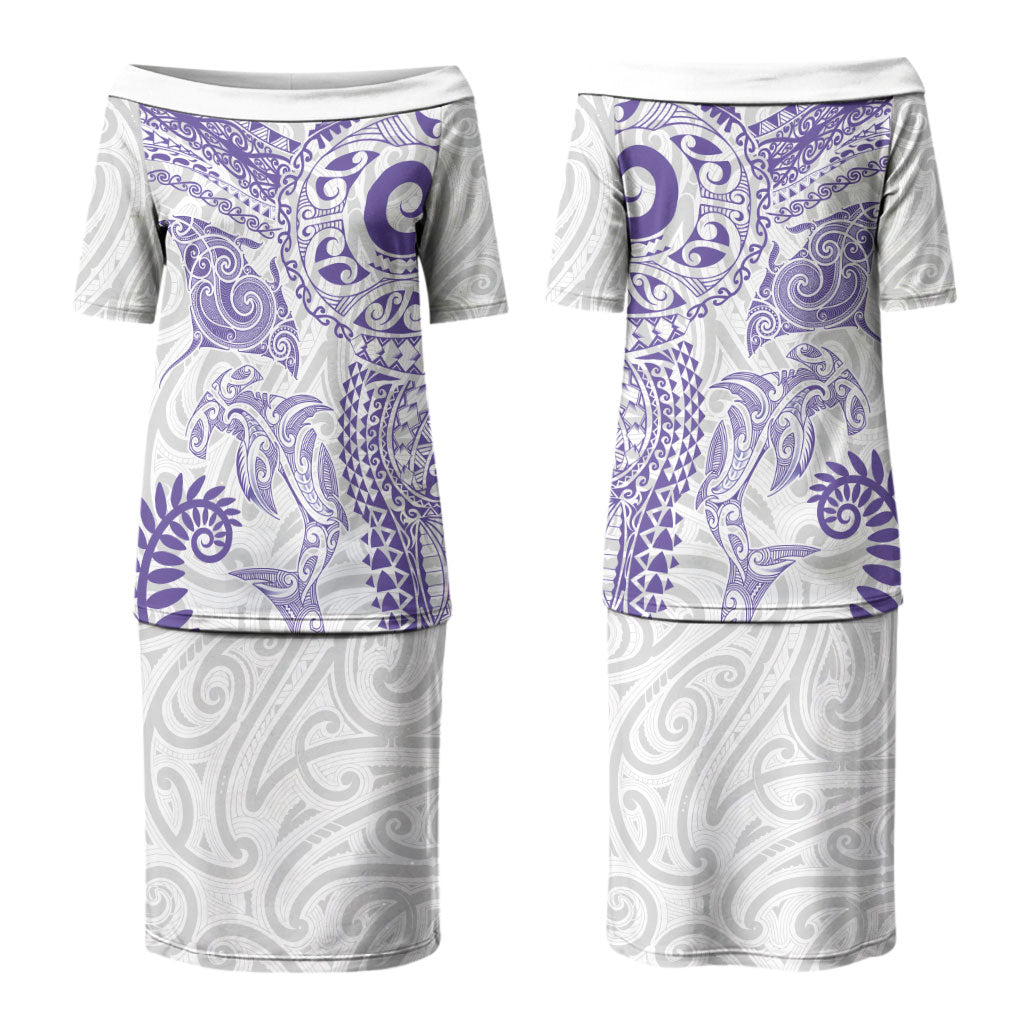 Aotearoa Maori Sea Animals Tribal Couples Matching Puletasi and Hawaiian Shirt Manta Ray and Shark Moko Pattern Purple Color LT03 - Polynesian Pride