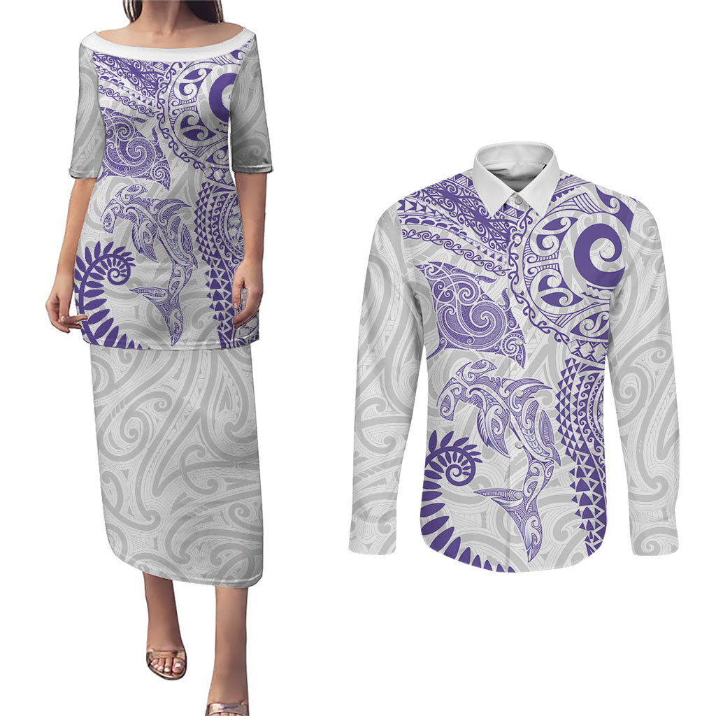 Aotearoa Maori Sea Animals Tribal Couples Matching Puletasi and Long Sleeve Button Shirt Manta Ray and Shark Moko Pattern Purple Color
