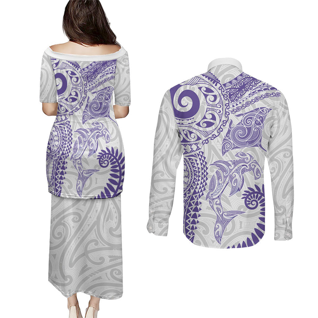 Aotearoa Maori Sea Animals Tribal Couples Matching Puletasi and Long Sleeve Button Shirt Manta Ray and Shark Moko Pattern Purple Color LT03 - Polynesian Pride