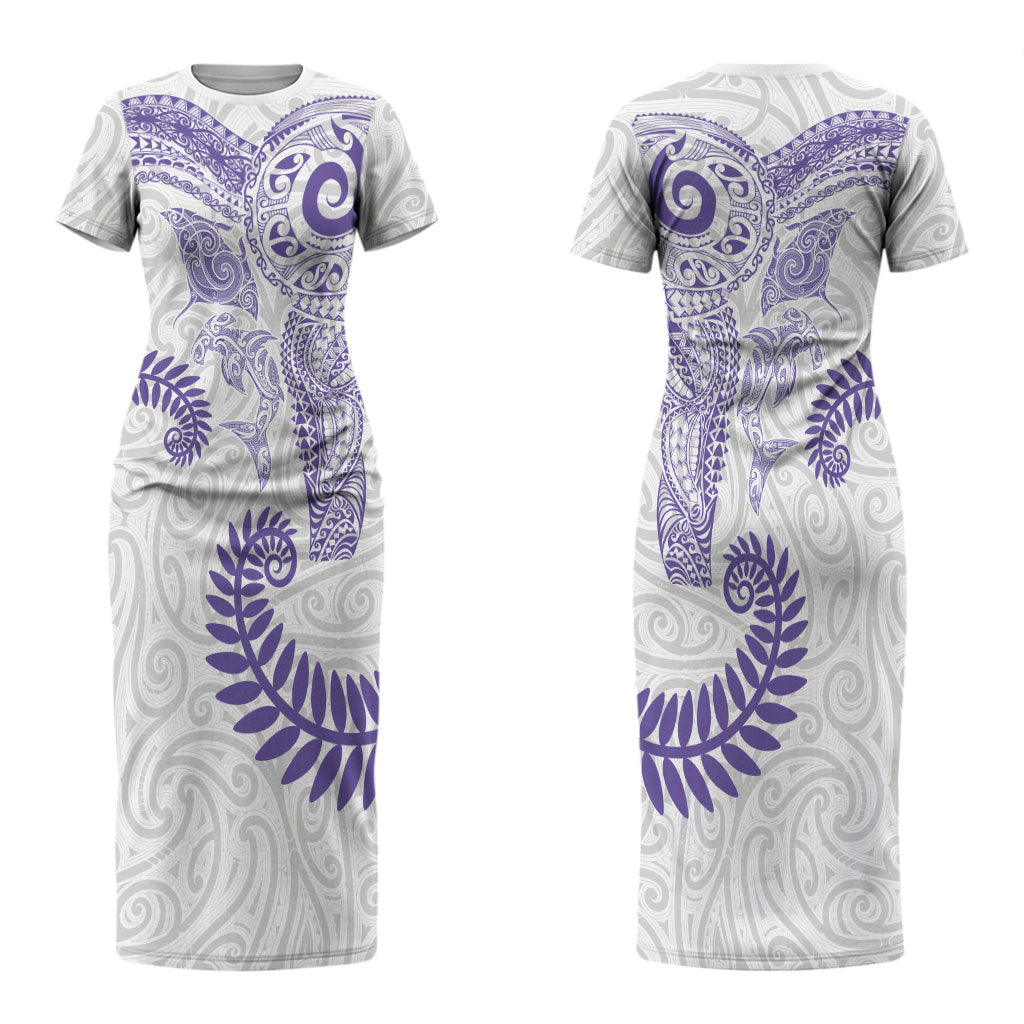 Aotearoa Maori Sea Animals Tribal Couples Matching Short Sleeve Bodycon Dress and Hawaiian Shirt Manta Ray and Shark Moko Pattern Purple Color LT03 - Polynesian Pride