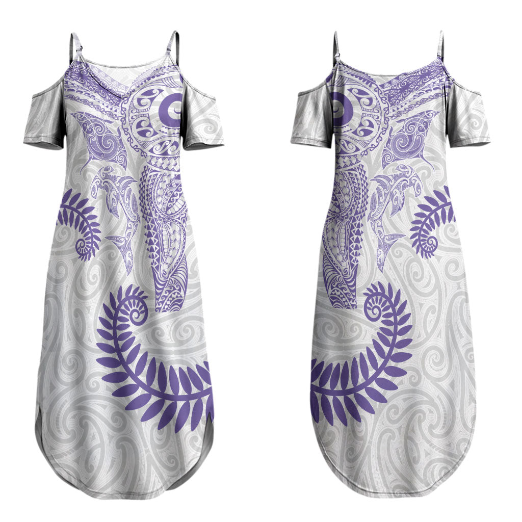 Aotearoa Maori Sea Animals Tribal Couples Matching Summer Maxi Dress and Hawaiian Shirt Manta Ray and Shark Moko Pattern Purple Color LT03 - Polynesian Pride