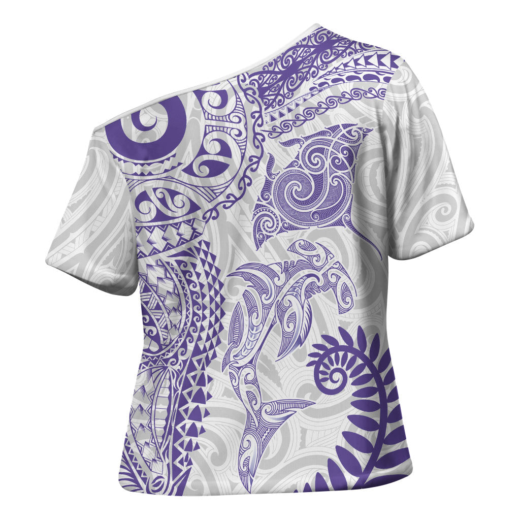 Aotearoa Maori Sea Animals Tribal Cross Shoulder Shirt Manta Ray and Shark Moko Pattern Purple Color