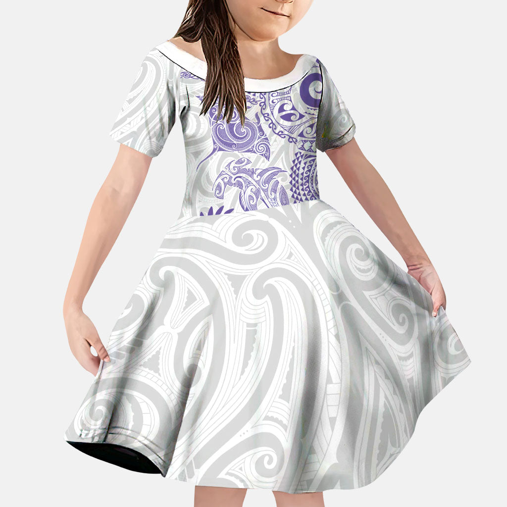 Aotearoa Maori Sea Animals Tribal Family Matching Long Sleeve Bodycon Dress and Hawaiian Shirt Manta Ray and Shark Moko Pattern Purple Color LT03 Daughter's Dress Purple - Polynesian Pride