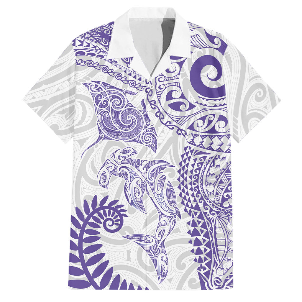 Aotearoa Maori Sea Animals Tribal Family Matching Long Sleeve Bodycon Dress and Hawaiian Shirt Manta Ray and Shark Moko Pattern Purple Color LT03 Dad's Shirt - Short Sleeve Purple - Polynesian Pride
