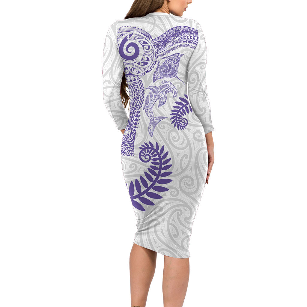 Aotearoa Maori Sea Animals Tribal Family Matching Long Sleeve Bodycon Dress and Hawaiian Shirt Manta Ray and Shark Moko Pattern Purple Color LT03 - Polynesian Pride