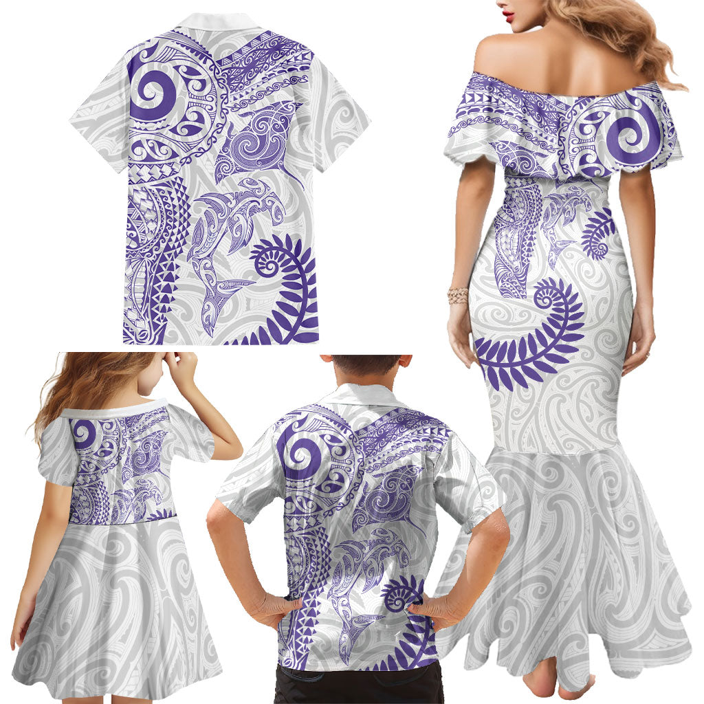 Aotearoa Maori Sea Animals Tribal Family Matching Mermaid Dress and Hawaiian Shirt Manta Ray and Shark Moko Pattern Purple Color LT03 - Polynesian Pride