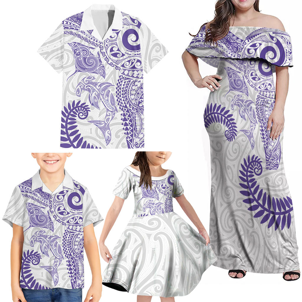 Aotearoa Maori Sea Animals Tribal Family Matching Off Shoulder Maxi Dress and Hawaiian Shirt Manta Ray and Shark Moko Pattern Purple Color