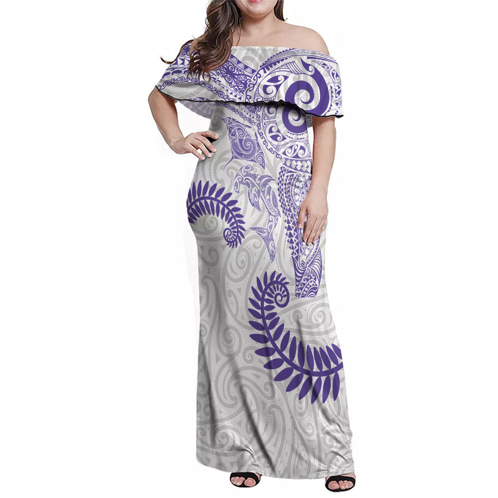 Aotearoa Maori Sea Animals Tribal Family Matching Off Shoulder Maxi Dress and Hawaiian Shirt Manta Ray and Shark Moko Pattern Purple Color LT03 Mom's Dress Purple - Polynesian Pride