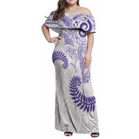 Aotearoa Maori Sea Animals Tribal Family Matching Off Shoulder Maxi Dress and Hawaiian Shirt Manta Ray and Shark Moko Pattern Purple Color LT03 Mom's Dress Purple - Polynesian Pride