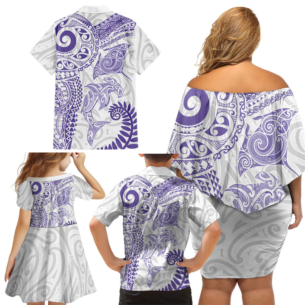Aotearoa Maori Sea Animals Tribal Family Matching Off Shoulder Short Dress and Hawaiian Shirt Manta Ray and Shark Moko Pattern Purple Color LT03 - Polynesian Pride