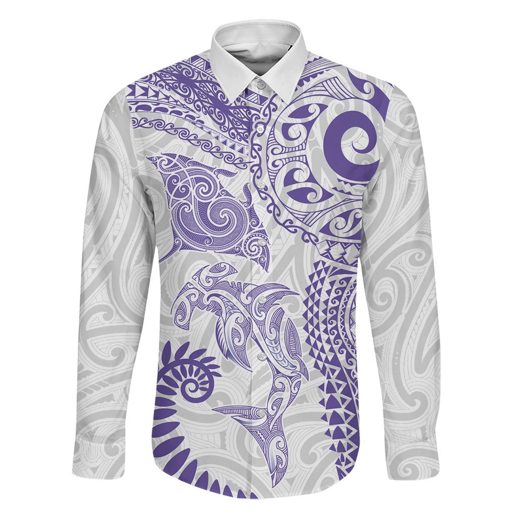 Aotearoa Maori Sea Animals Tribal Family Matching Puletasi and Hawaiian Shirt Manta Ray and Shark Moko Pattern Purple Color LT03 Dad's Shirt - Long Sleeve Purple - Polynesian Pride
