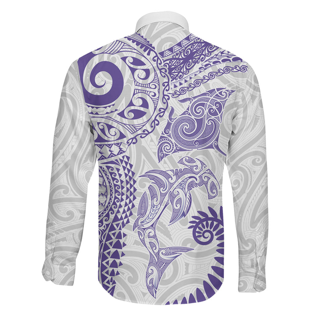 Aotearoa Maori Sea Animals Tribal Family Matching Puletasi and Hawaiian Shirt Manta Ray and Shark Moko Pattern Purple Color LT03 - Polynesian Pride