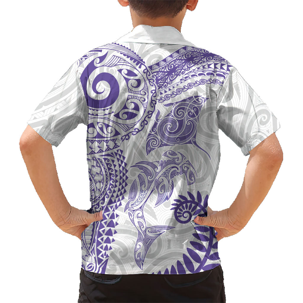 Aotearoa Maori Sea Animals Tribal Family Matching Short Sleeve Bodycon Dress and Hawaiian Shirt Manta Ray and Shark Moko Pattern Purple Color LT03 - Polynesian Pride