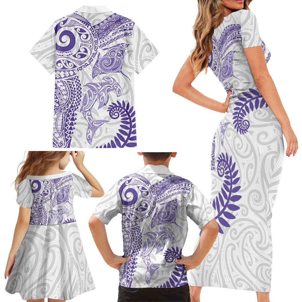 Aotearoa Maori Sea Animals Tribal Family Matching Short Sleeve Bodycon Dress and Hawaiian Shirt Manta Ray and Shark Moko Pattern Purple Color LT03 - Polynesian Pride