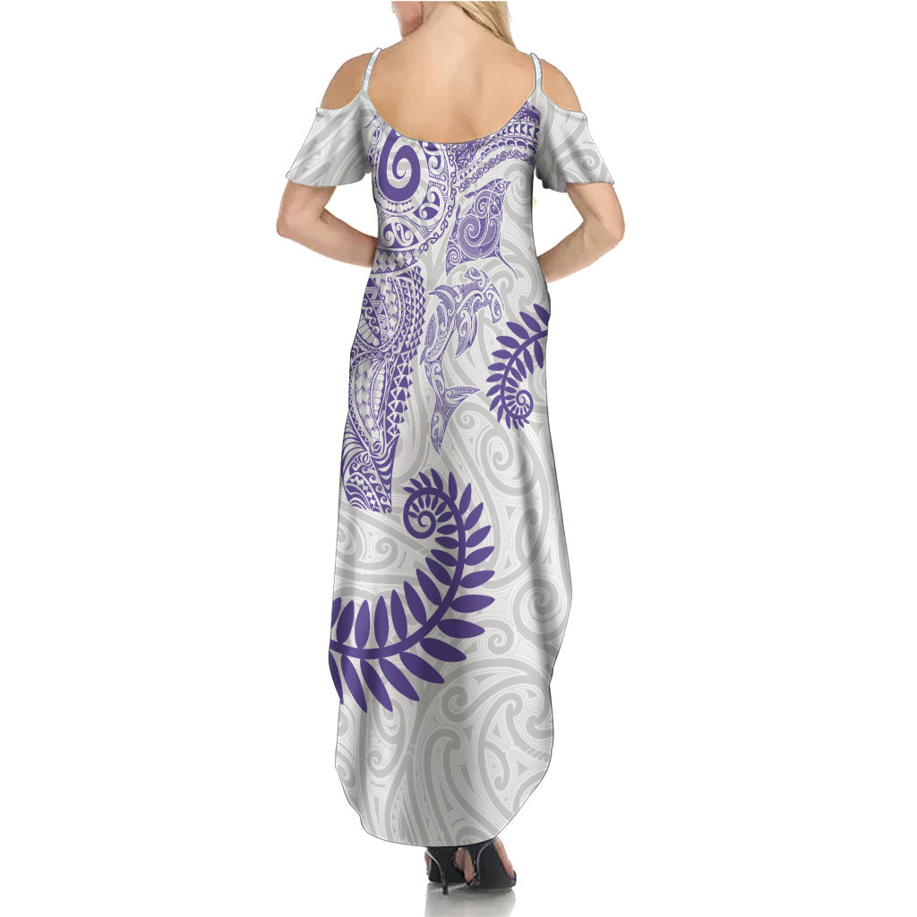 Aotearoa Maori Sea Animals Tribal Family Matching Summer Maxi Dress and Hawaiian Shirt Manta Ray and Shark Moko Pattern Purple Color LT03 - Polynesian Pride