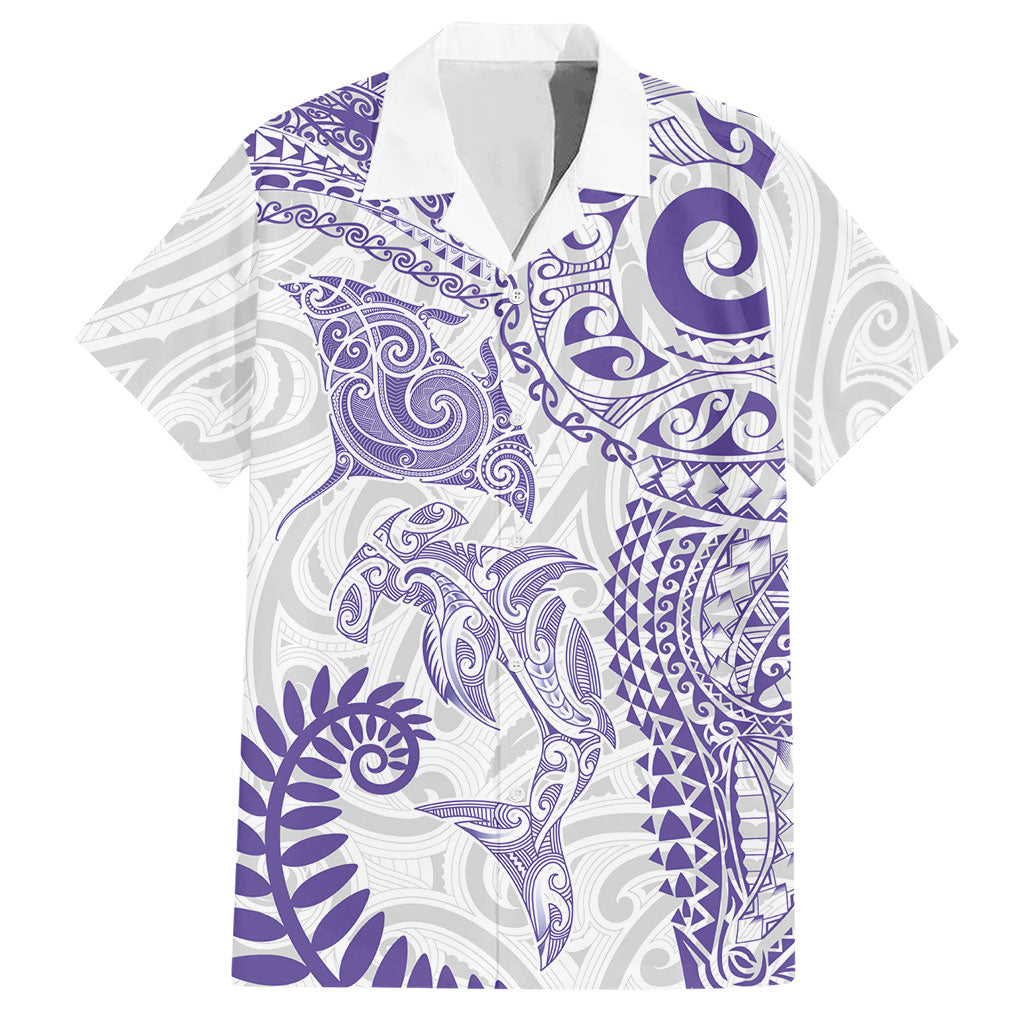 Aotearoa Maori Sea Animals Tribal Hawaiian Shirt Manta Ray and Shark Moko Pattern Purple Color