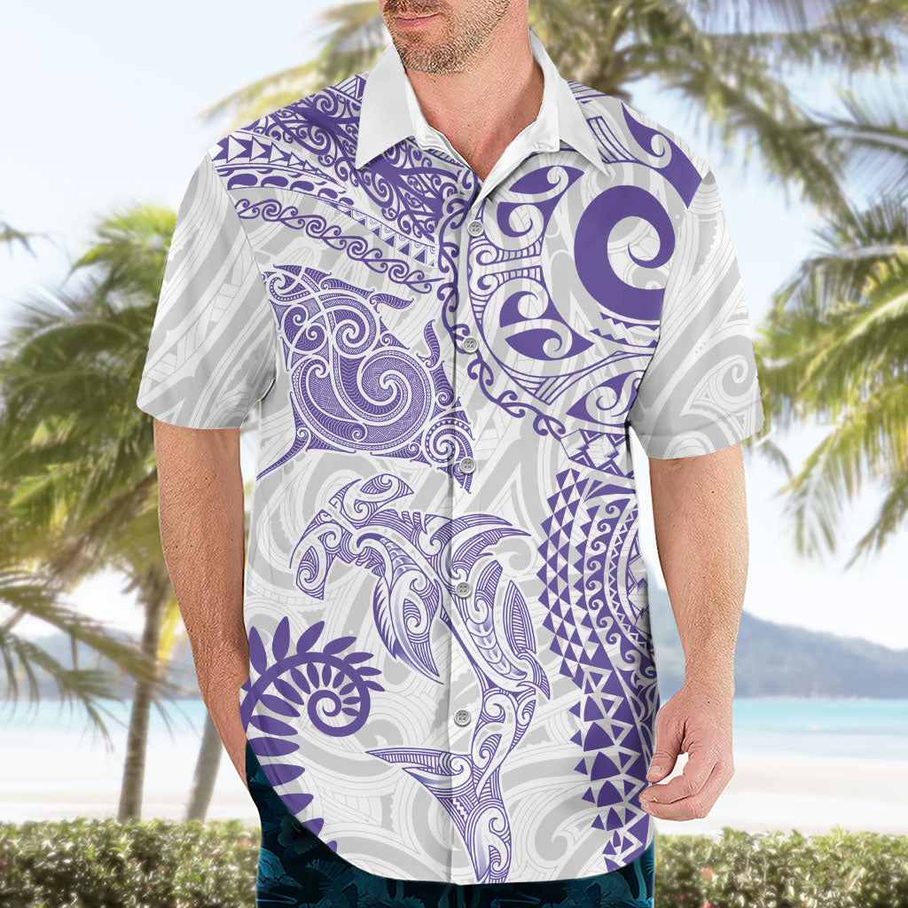 Aotearoa Maori Sea Animals Tribal Hawaiian Shirt Manta Ray and Shark Moko Pattern Purple Color