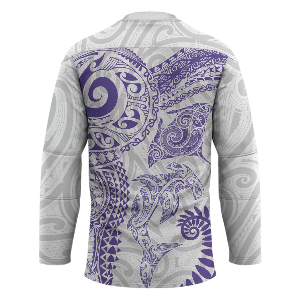 Aotearoa Maori Sea Animals Tribal Hockey Jersey Manta Ray and Shark Moko Pattern Purple Color