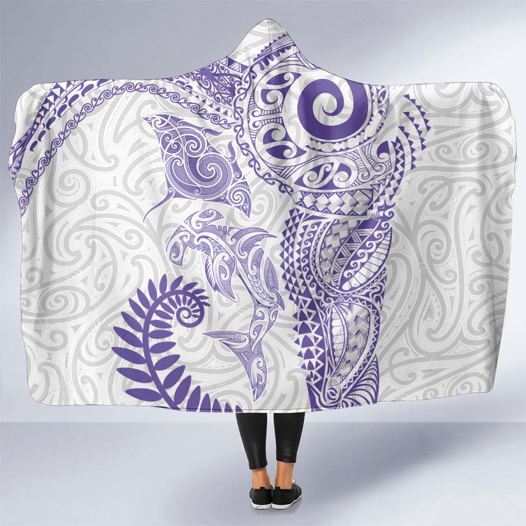 Aotearoa Maori Sea Animals Tribal Hooded Blanket Manta Ray and Shark Moko Pattern Purple Color