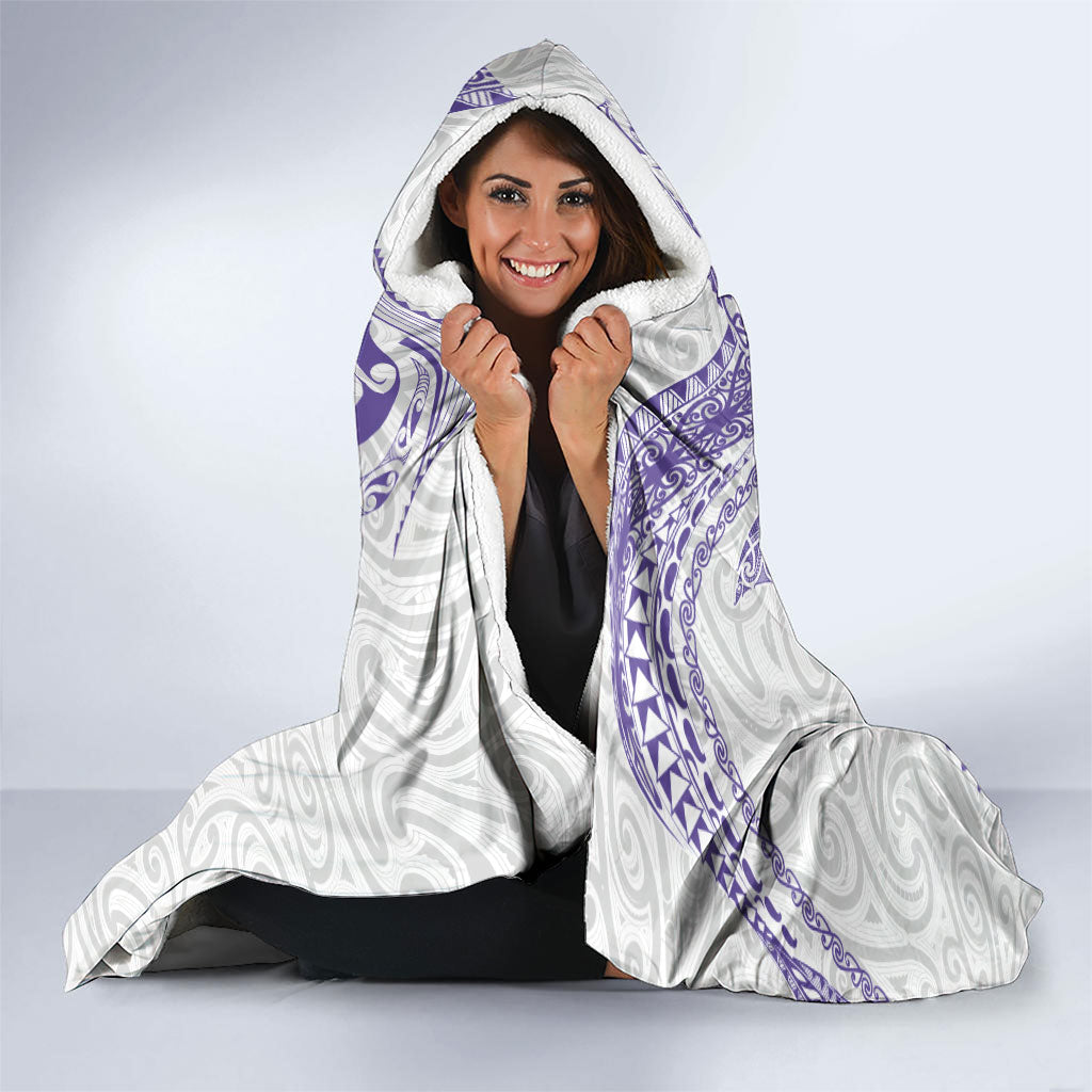 Aotearoa Maori Sea Animals Tribal Hooded Blanket Manta Ray and Shark Moko Pattern Purple Color