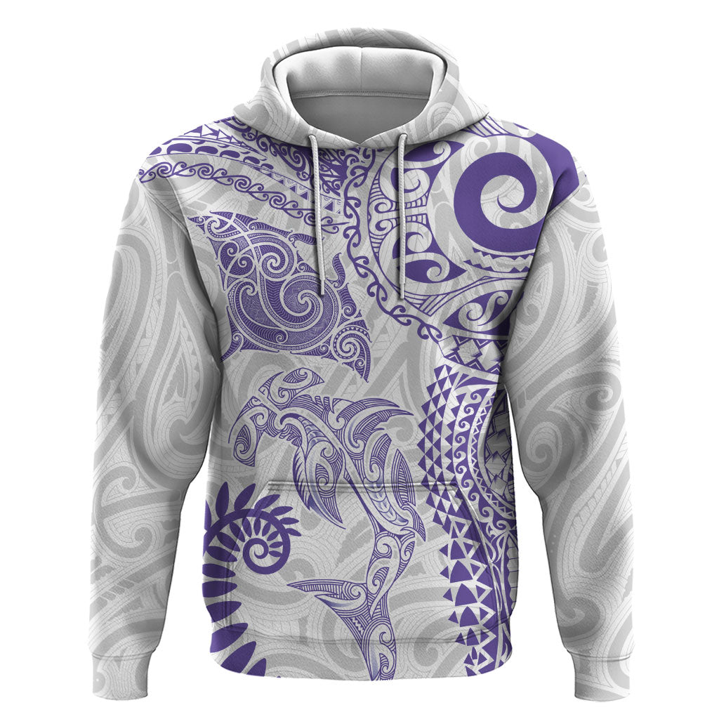 Aotearoa Maori Sea Animals Tribal Hoodie Manta Ray and Shark Moko Pattern Purple Color
