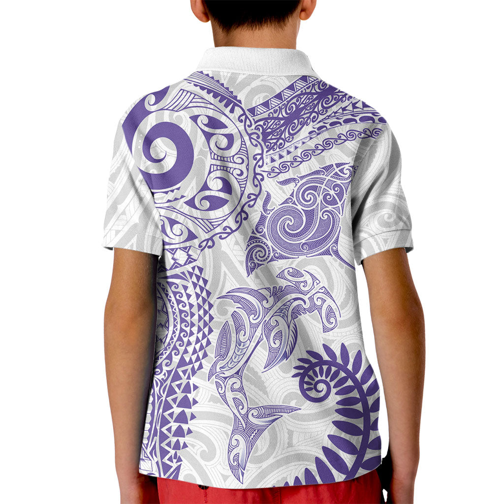 Aotearoa Maori Sea Animals Tribal Kid Polo Shirt Manta Ray and Shark Moko Pattern Purple Color