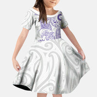 Aotearoa Maori Sea Animals Tribal Kid Short Sleeve Dress Manta Ray and Shark Moko Pattern Purple Color LT03 KID Purple - Polynesian Pride