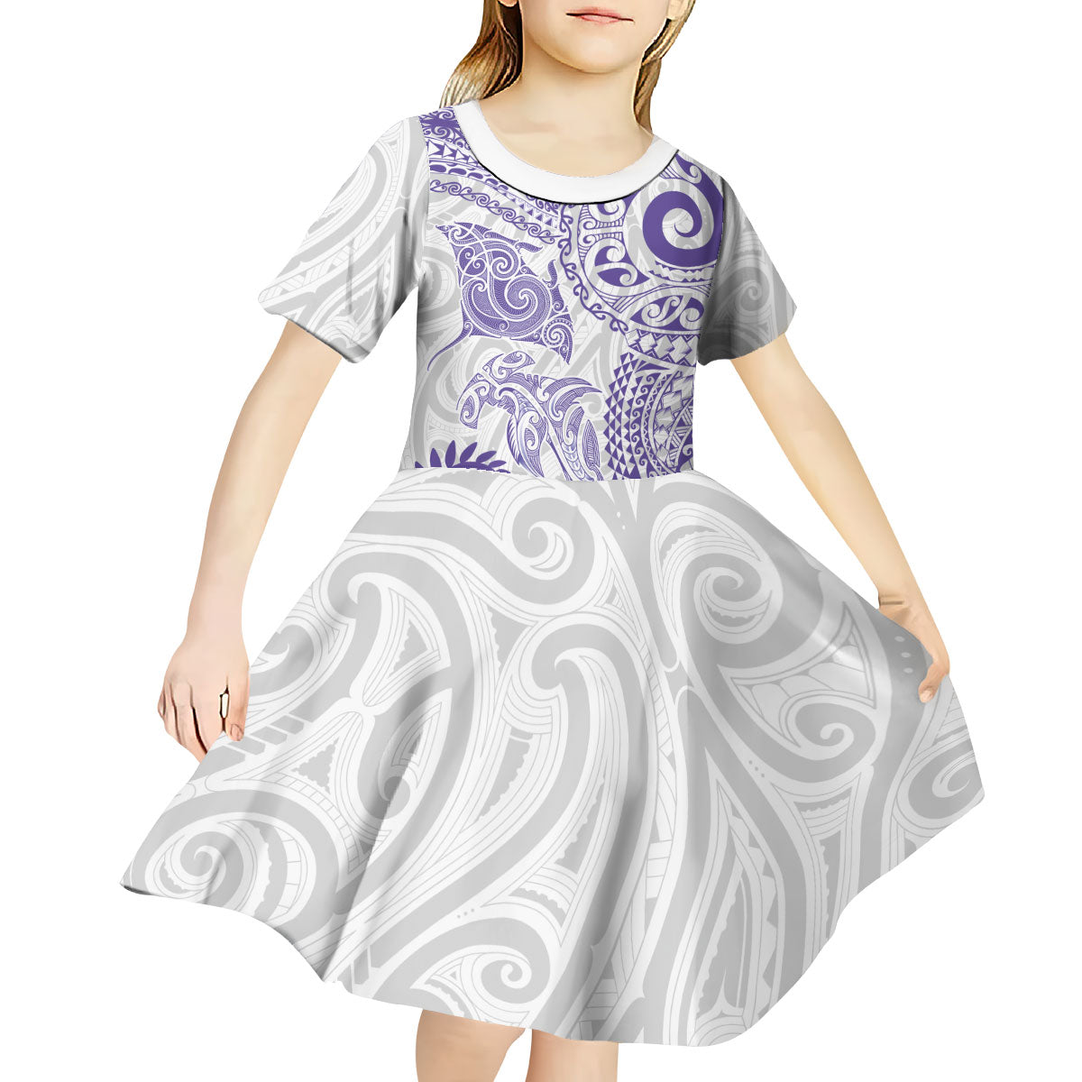 Aotearoa Maori Sea Animals Tribal Kid Short Sleeve Dress Manta Ray and Shark Moko Pattern Purple Color LT03 - Polynesian Pride