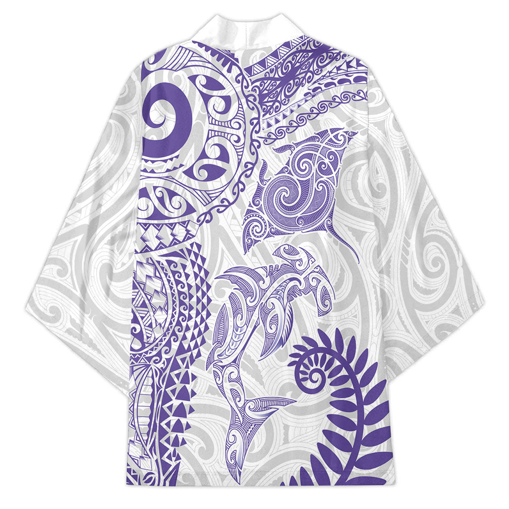 Aotearoa Maori Sea Animals Tribal Kimono Manta Ray and Shark Moko Pattern Purple Color