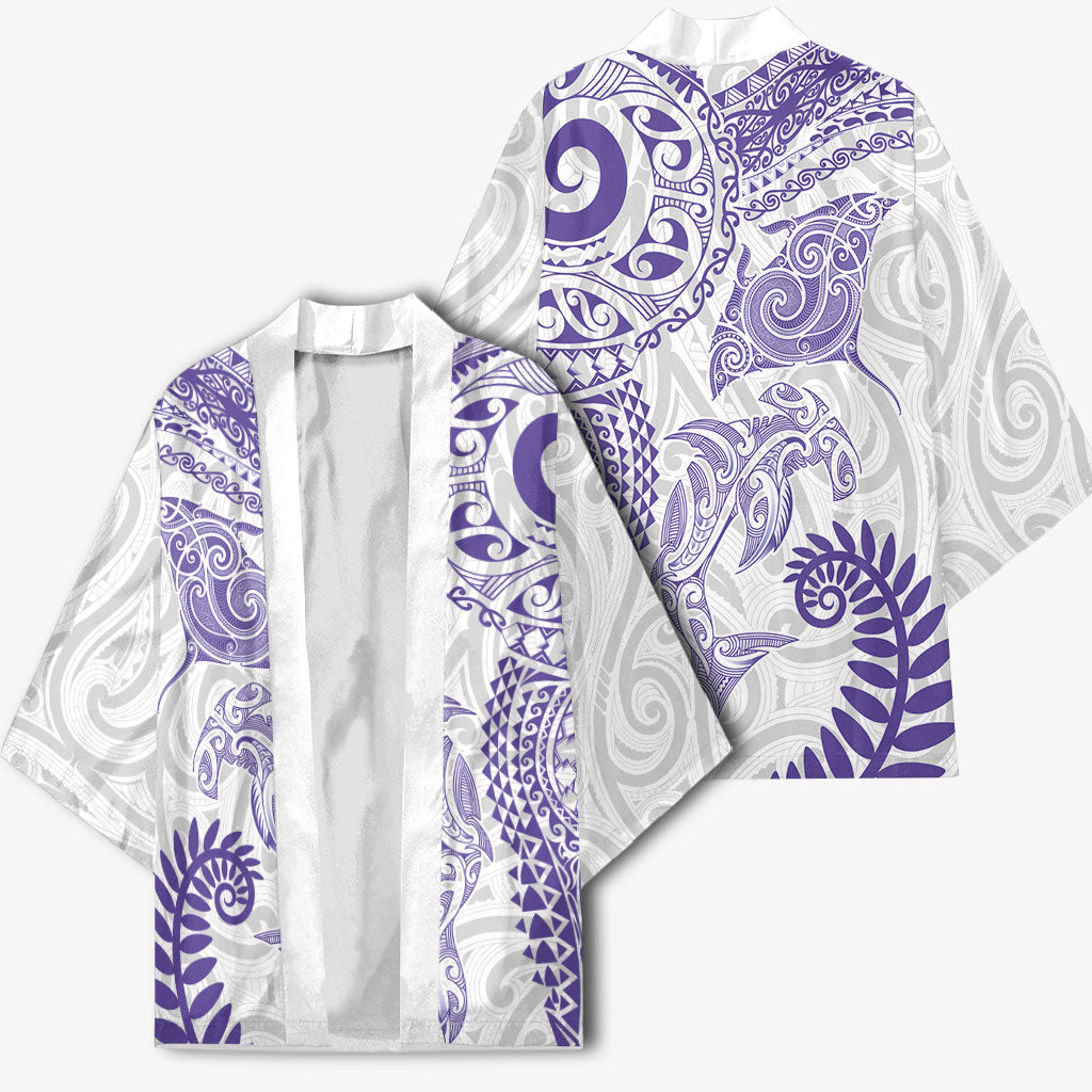 Aotearoa Maori Sea Animals Tribal Kimono Manta Ray and Shark Moko Pattern Purple Color