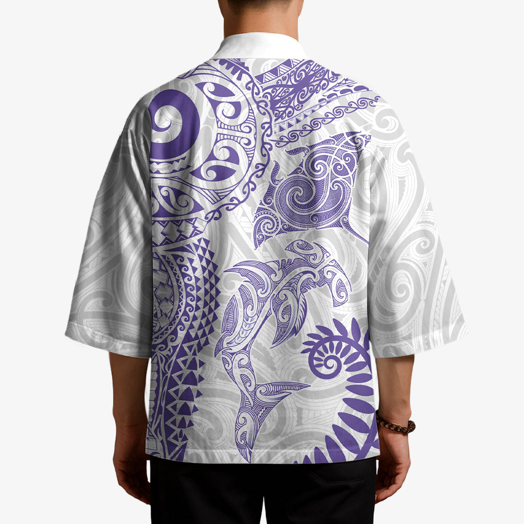 Aotearoa Maori Sea Animals Tribal Kimono Manta Ray and Shark Moko Pattern Purple Color