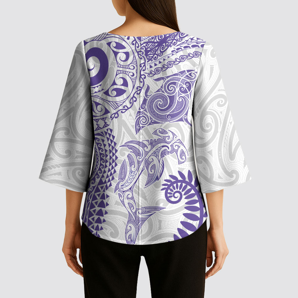 Aotearoa Maori Sea Animals Tribal Kimono Sleeve Blouse Manta Ray and Shark Moko Pattern Purple Color