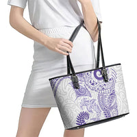 Aotearoa Maori Sea Animals Tribal Leather Tote Bag Manta Ray and Shark Moko Pattern Purple Color