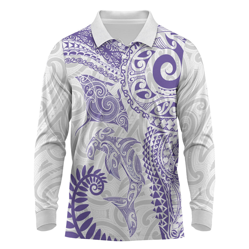 Aotearoa Maori Sea Animals Tribal Long Sleeve Polo Shirt Manta Ray and Shark Moko Pattern Purple Color