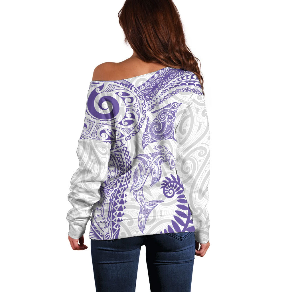 Aotearoa Maori Sea Animals Tribal Off Shoulder Sweater Manta Ray and Shark Moko Pattern Purple Color