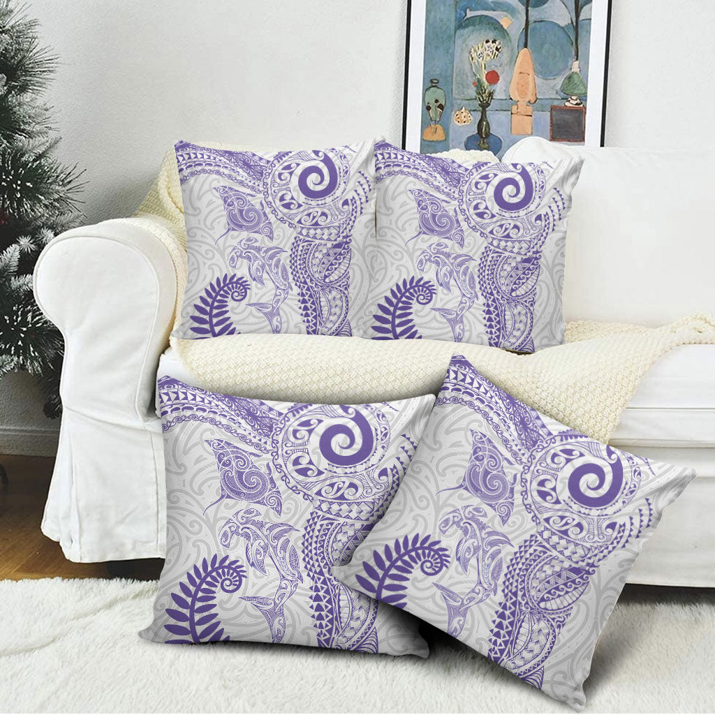 Aotearoa Maori Sea Animals Tribal Pillow Cover Manta Ray and Shark Moko Pattern Purple Color