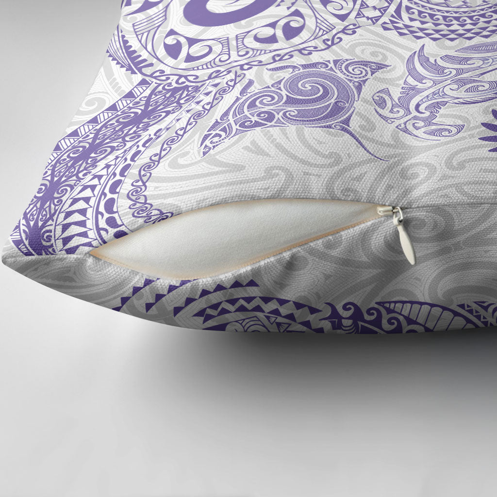 Aotearoa Maori Sea Animals Tribal Pillow Cover Manta Ray and Shark Moko Pattern Purple Color