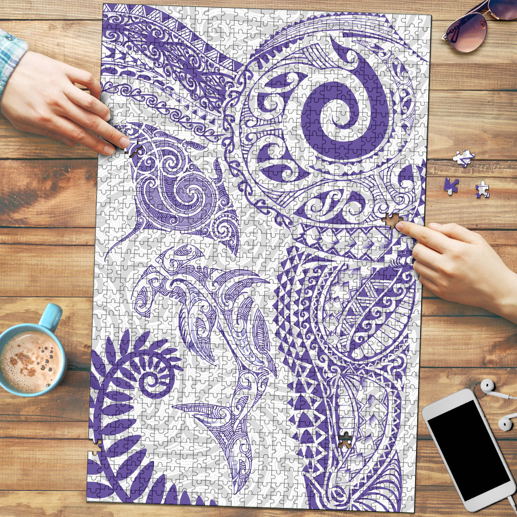 Aotearoa Maori Sea Animals Tribal Puzzle Manta Ray and Shark Moko Pattern Purple Color