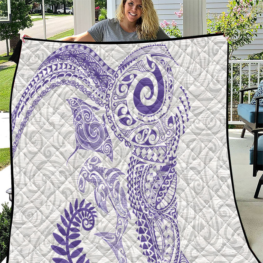 Aotearoa Maori Sea Animals Tribal Quilt Manta Ray and Shark Moko Pattern Purple Color