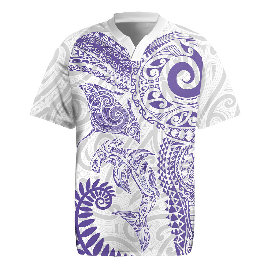 Aotearoa Maori Sea Animals Tribal Rugby Jersey Manta Ray and Shark Moko Pattern Purple Color